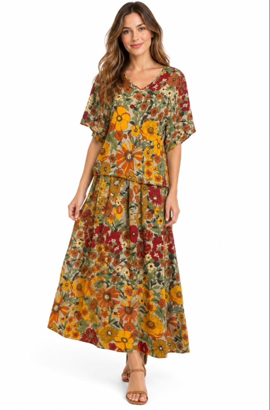 Natural Life Top and Skirt Set Floral Yellow Red Medium